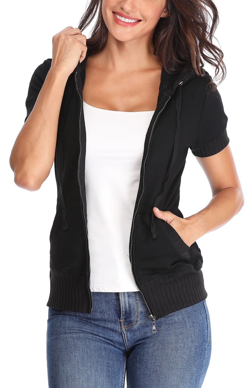 MISS MOLY Women's Zip Up Hoodie Short Sleeves Hooded Jacket Casual Lightweight Sweatshirt with Pockets Black M - Image 2